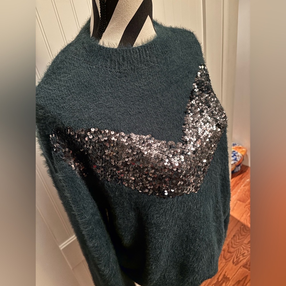 Nine West Teal Crewneck Sweater with Black Sequin Chevron